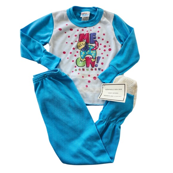 OshKosh B'gosh Other - Vintage OshKosh Bgosh Toddler Kids 3T Blue Cat Meow Snap Waist Footed Pajama Set